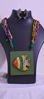 Terracotta fish pendant and thread necklace