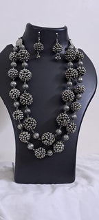 Exclusive silver oxidised long chain set with matching earrings