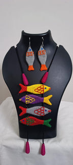 Multi colour crochet thread necklace with fish pendant and matching thread earrings