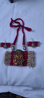 Terracotta Ganesha & Parvati pendant jute necklace set with matching earrings