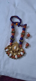 Blue Orange thread beads necklace set with dokra pendant n matching earrings