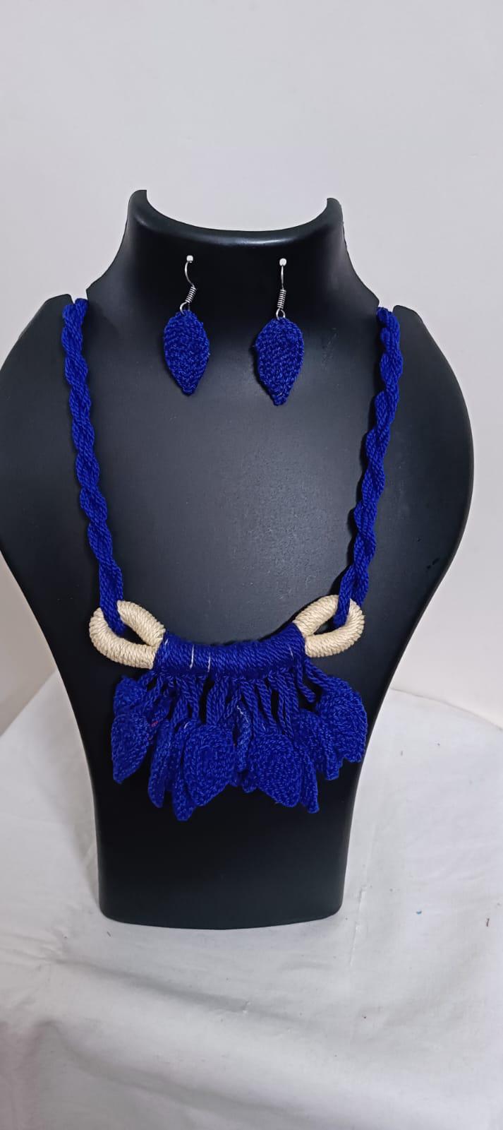 Dark Blue Crochet thread necklace set with leaf fringes and matching earrings