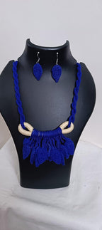 Dark Blue Crochet thread necklace set with leaf fringes and matching earrings