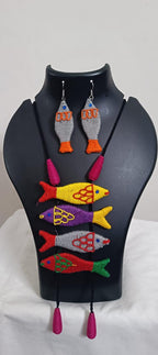 Multi colour crochet thread necklace with fish pendant and matching thread earrings