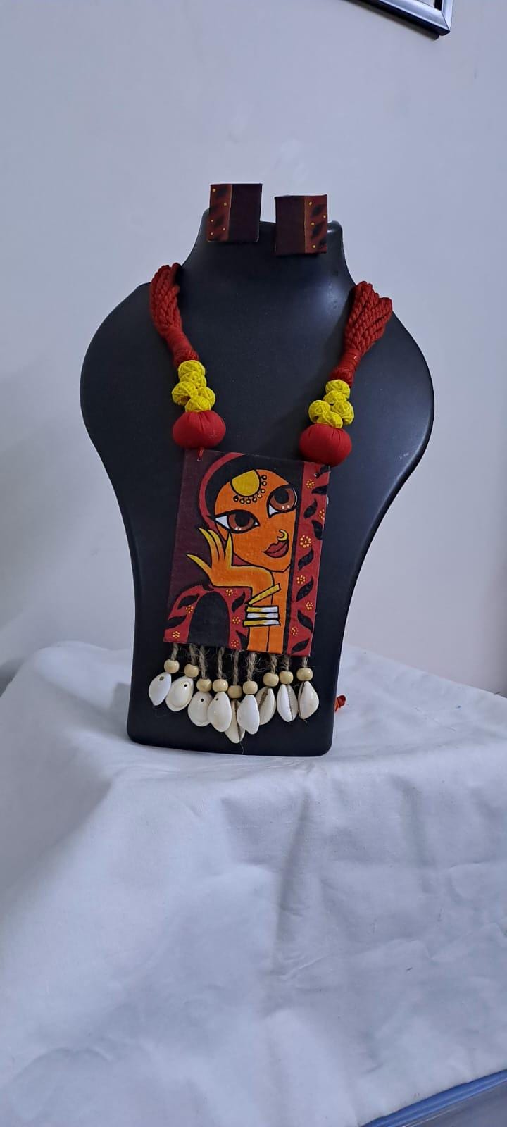 Handpainted fabric necklace set with earrings