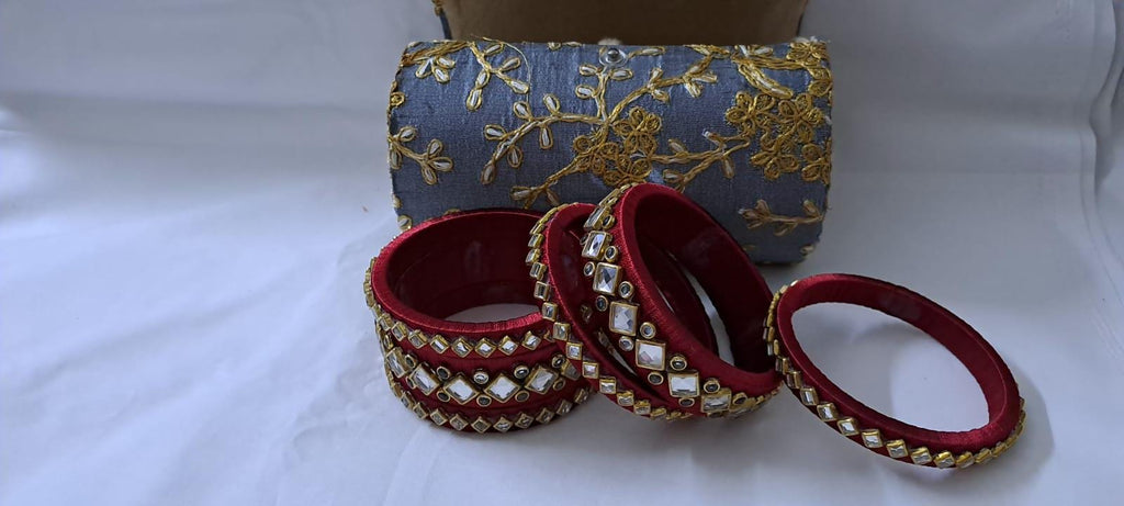 Maroon colour traditional thread kundan bangles with zari bangle box