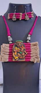 Terracotta Ganesha & Parvati pendant jute necklace set with matching earrings