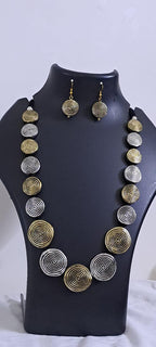 Exclusive silver oxidised set with flat round beads of gold n silver tone mix n matching earrings