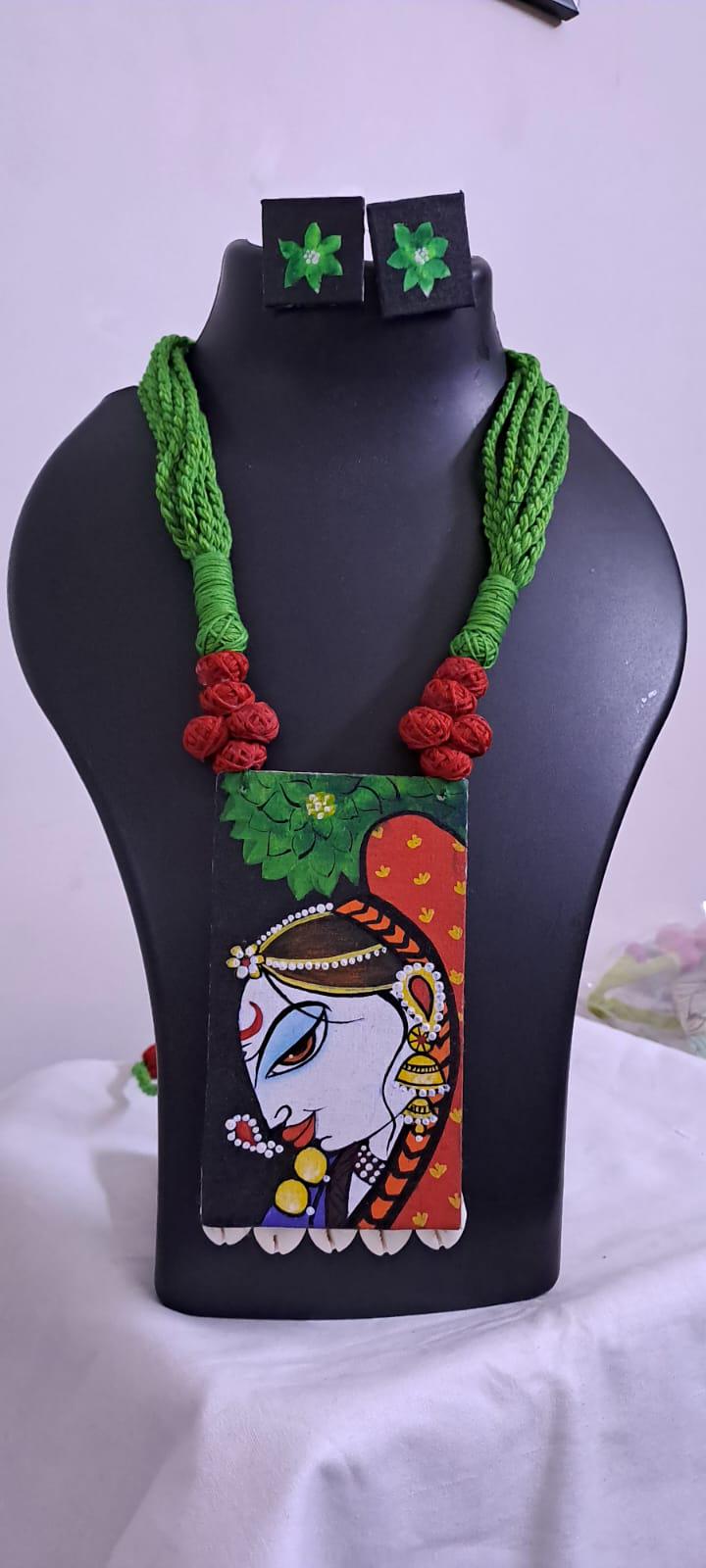 Handpainted fabric jewellery set with matching earrings