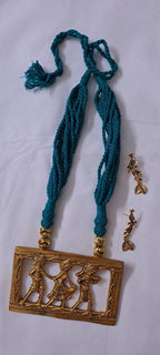 Sea green thread necklace set with dokra pendant n matching earrings