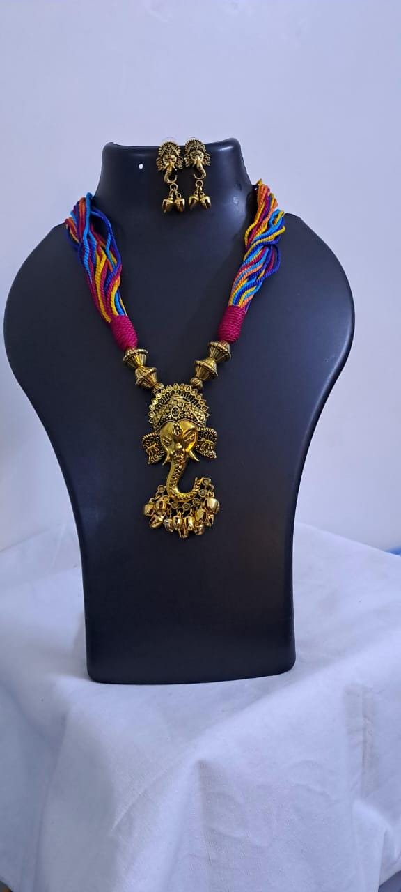 Multicoloured thread necklace with Golden oxidised traditional pendant