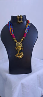 Multicoloured thread necklace with Golden oxidised traditional pendant
