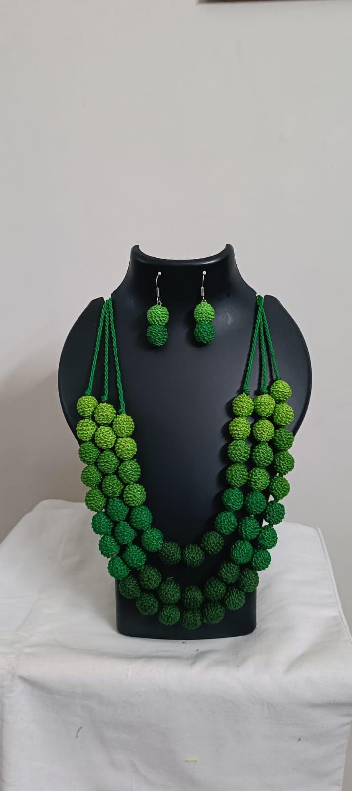 Exclusive 3 layered  green thread beads necklace set with matching earrings