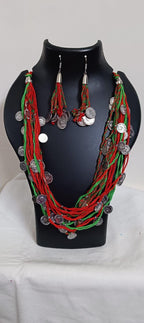 Exclusive multi-coloured and multi-layered thread necklace with silver oxidised charms