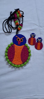 Handmade thread jewellery necklace set with owl pendant and matching earrings