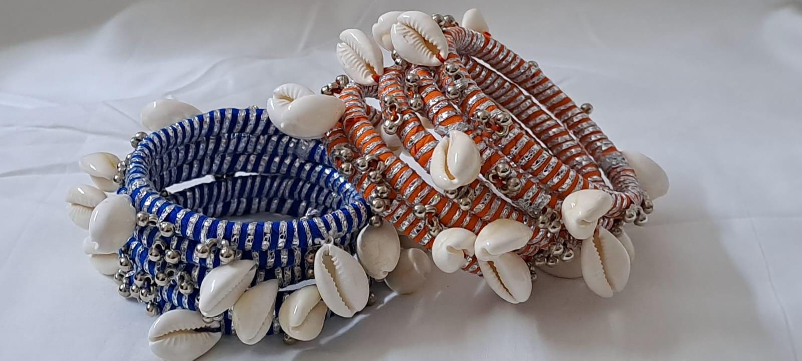 Orange and blue colour traditional zari thread and kori bangles (set of 10 Bangles)