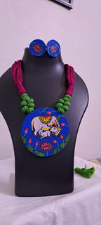 Handpainted fabric necklace set with earrings