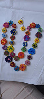 Exclusive multicoloured flat thread beads long necklace set with matching earrings (yellow)