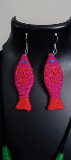 Multi colour crochet thread necklace with fish pendant and matching thread earrings