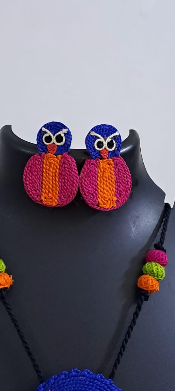 Handmade thread jewellery necklace set with owl pendant and matching earrings