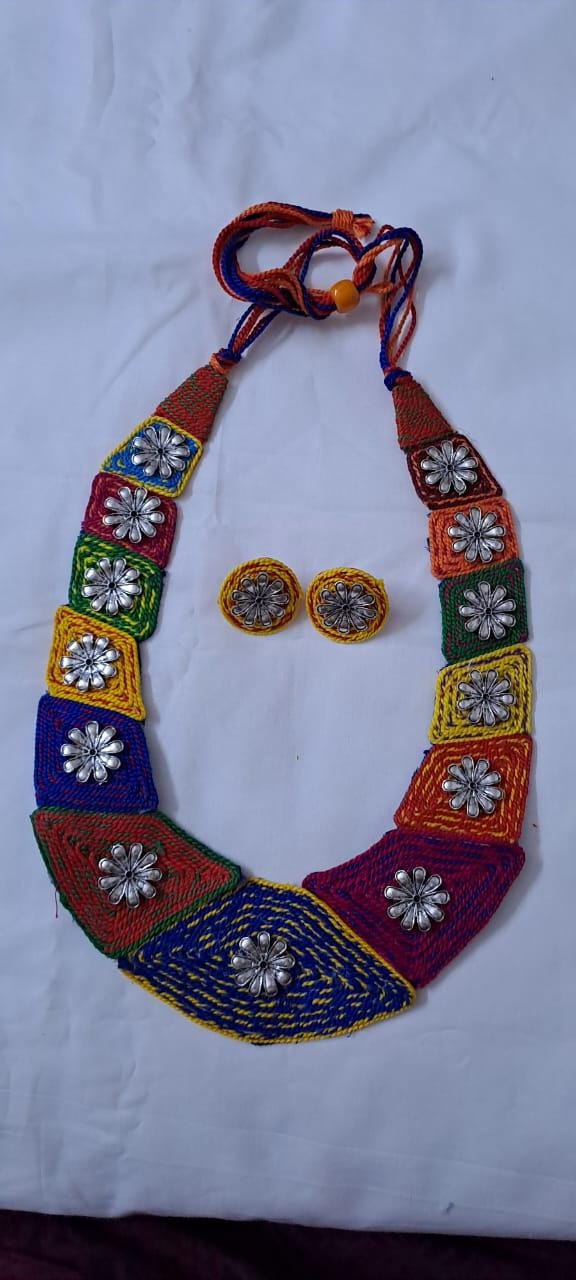 Exclusive  necklace set with multiple thread n  silver oxidised pendants n matching earrings