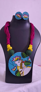 Handpainted fabric jewellery set with matching earrings