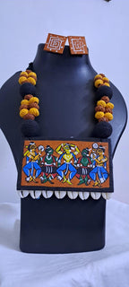 Handpainted fabric necklace set with earrings