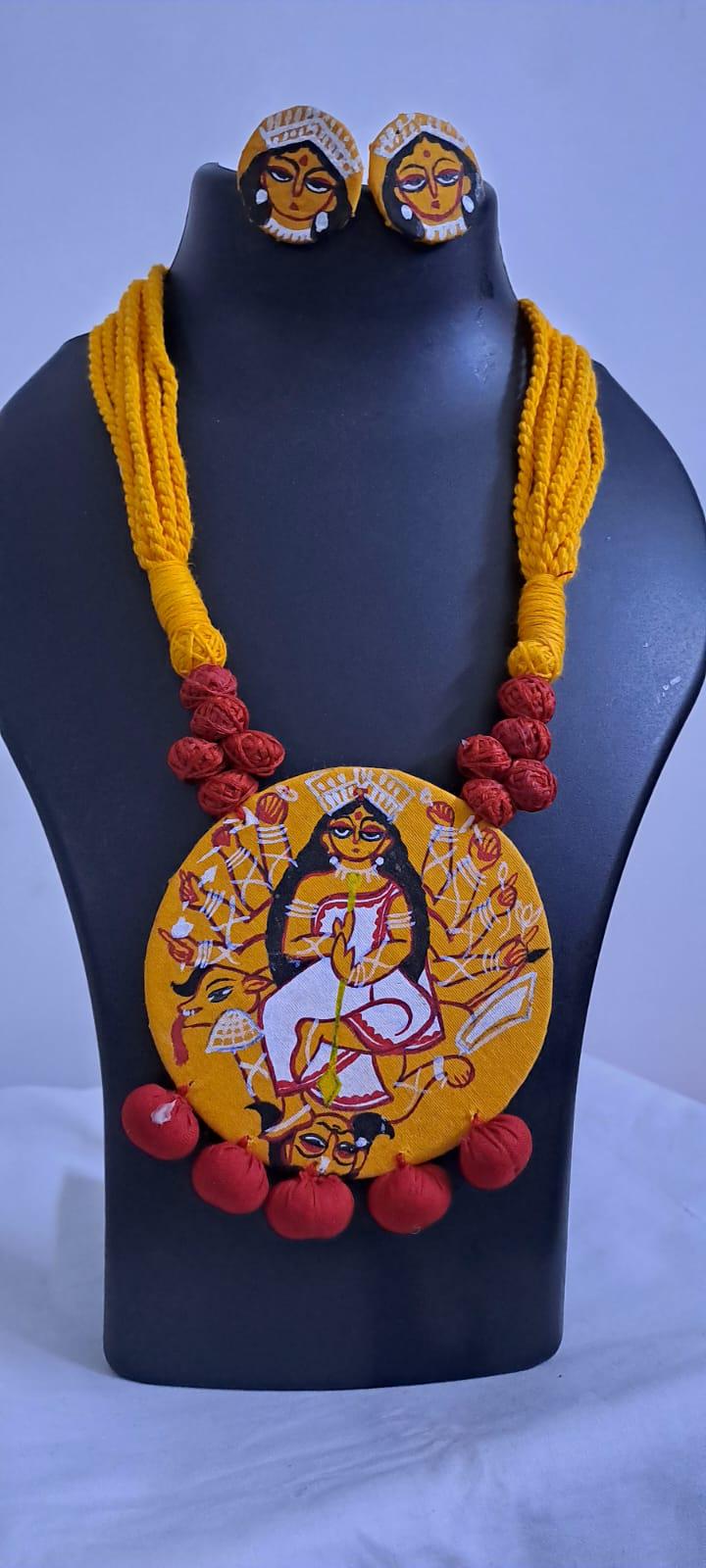 Handpainted fabric jewellery set with matching earrings