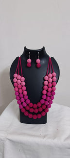 Exclusive 3 layered pink thread beads necklace set with matching earrings