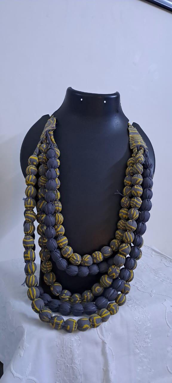 Exclusive multi-layered yellow grey fabric necklace
