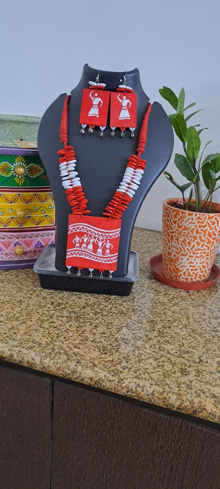 Handpainted fabric set with shell beads