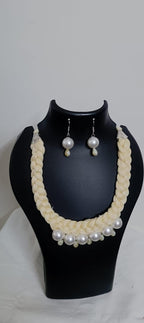 Offwhite braided thread necklace with pearl n pearl danglers