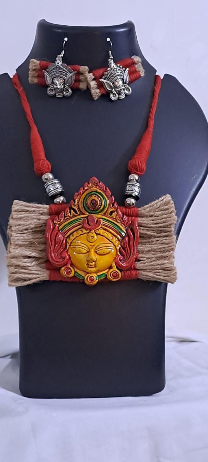 Terracotta Durga pendant jute necklace set with matching earrings