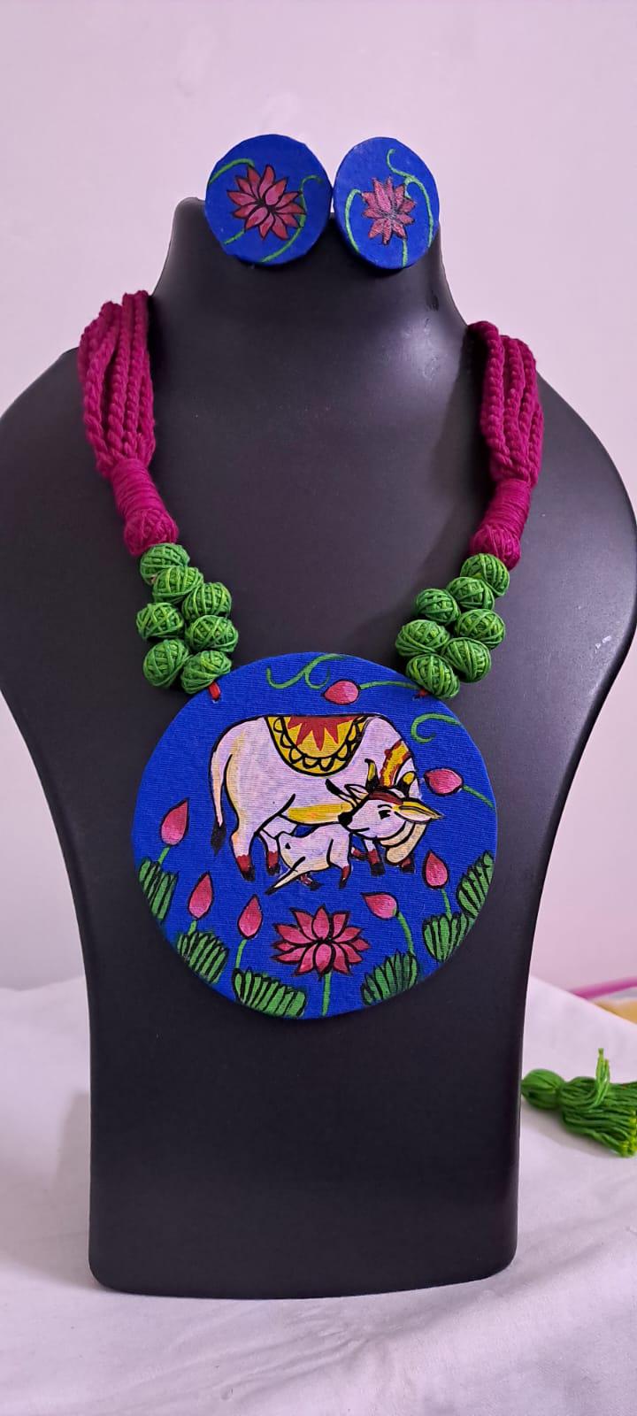Handpainted fabric necklace set with earrings