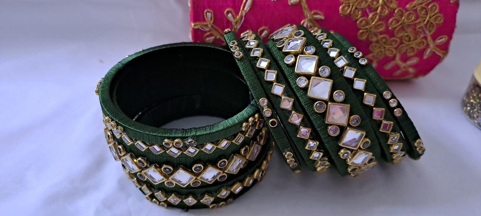 Green colour traditional thread kundan bangles with zari bangle box