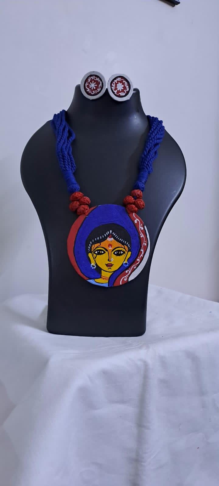 Handpainted fabric necklace set with earrings