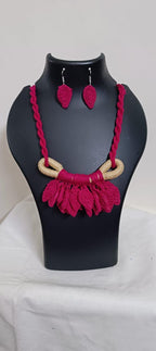 Pink Crochet thread necklace set with leaf fringes and matching earrings