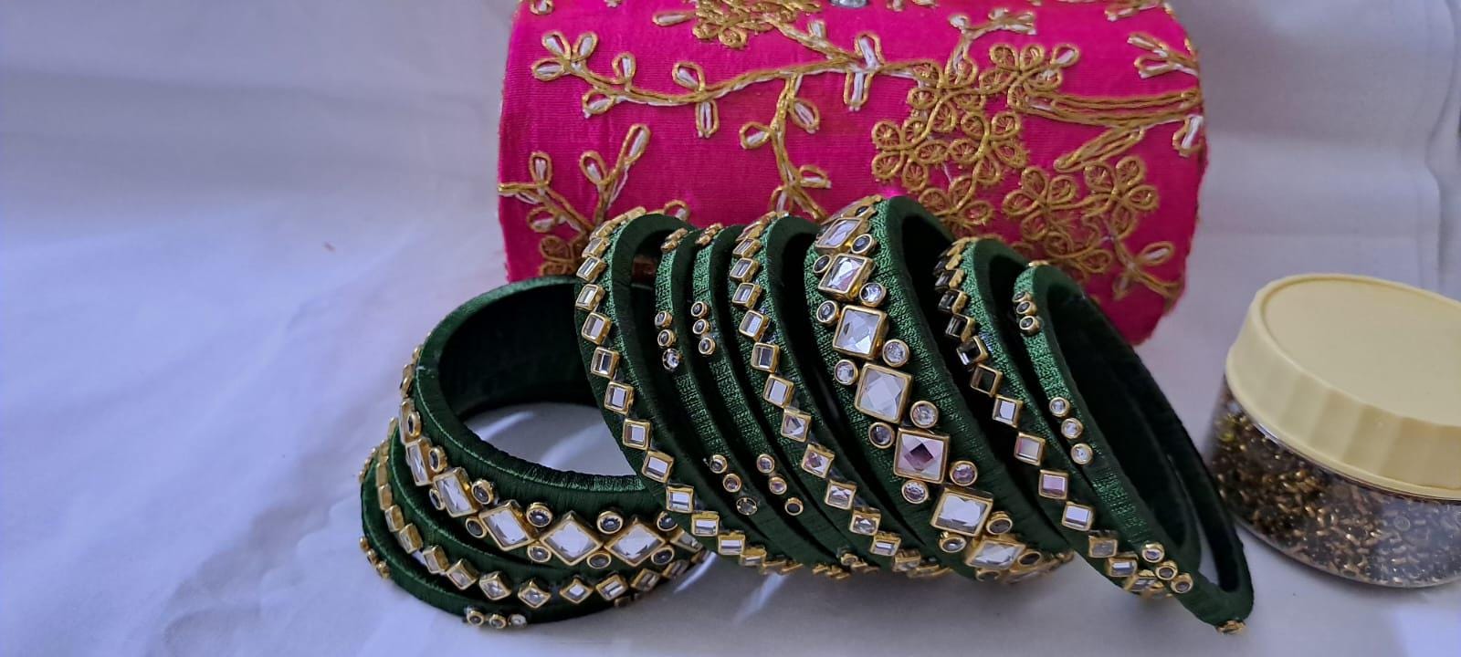 Green colour traditional thread kundan bangles with zari bangle box
