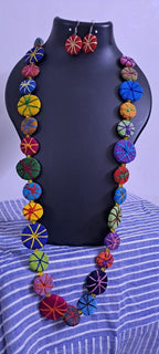 Exclusive multicoloured flat thread beads long necklace set with matching earrings (red)