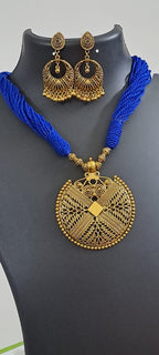 Blue thread necklace with Golden oxidised traditional pendant