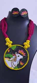 Handpainted fabric jewellery set with matching earrings