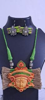 Terracotta Durga pendant jute necklace set with matching earrings