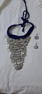 Braided blue choker necklace set with multi layered fringes n matching earrings