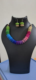 Exclusive multi coloured crochet necklace with colouful matching earrings.