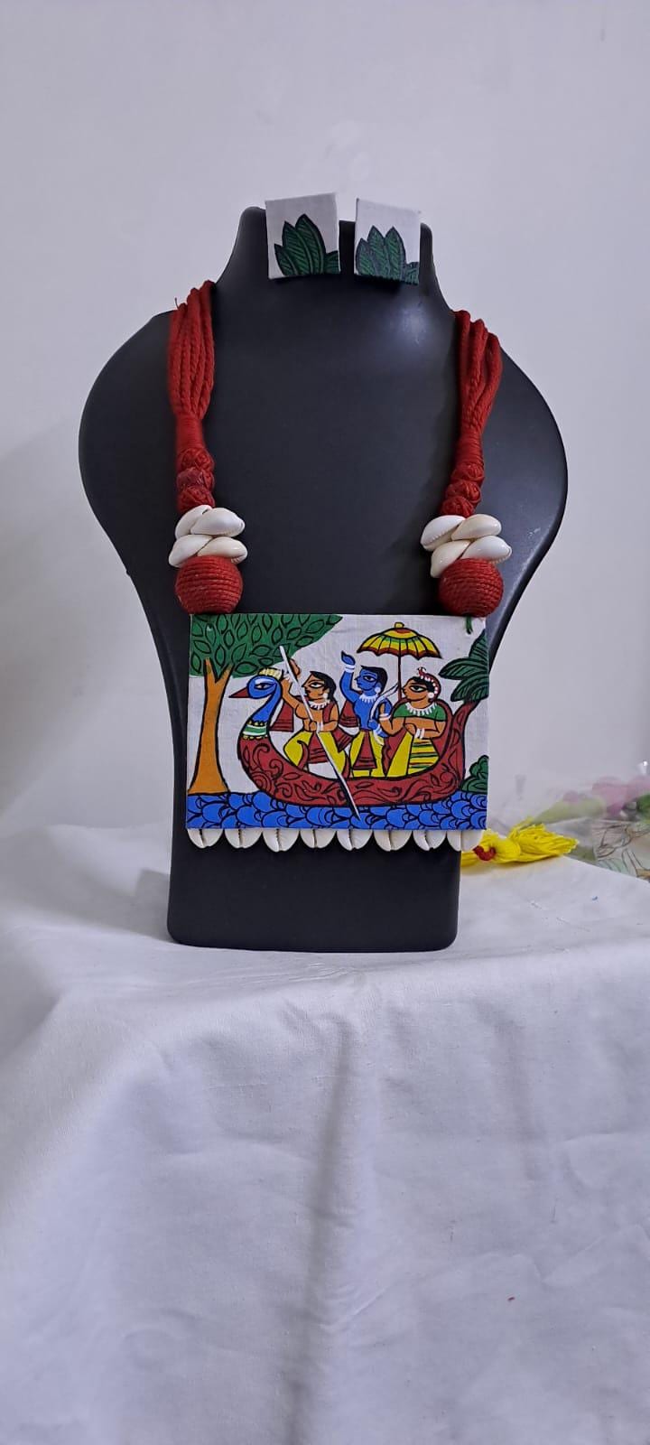 Handpainted fabric necklace set with earrings