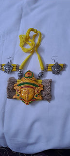Terracotta Durga pendant jute necklace set with matching earrings
