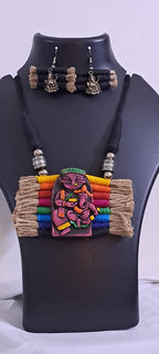 Terracotta Ganesha & Parvati pendant jute necklace set with matching earrings