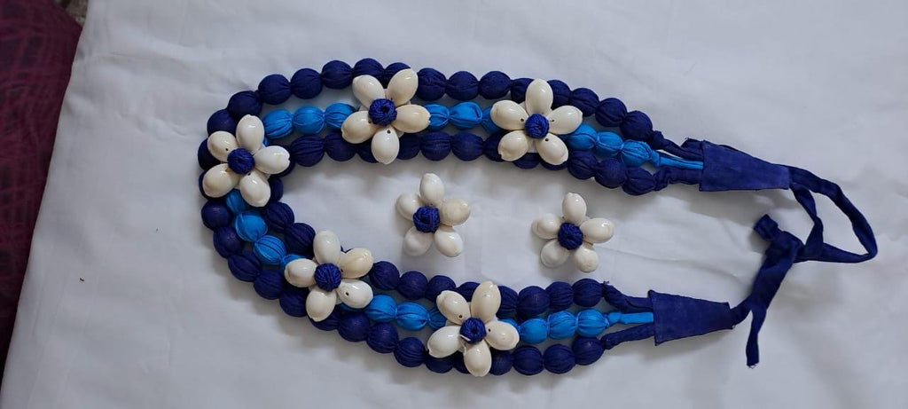 Exclusive multi-layered blue fabric necklace with shells n matching earrings