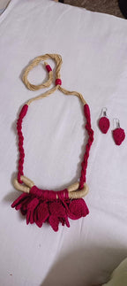 Pink Crochet thread necklace set with leaf fringes and matching earrings