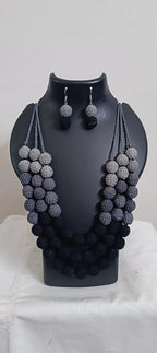 Exclusive 3 layers black thread beads necklace set with matching earrings
